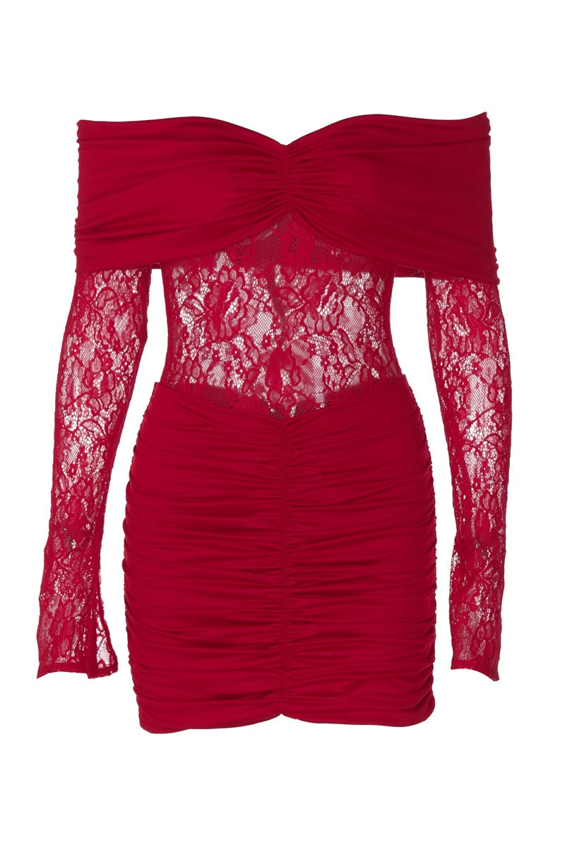 Red Lace Long Sleeves Ruched Tight Dress