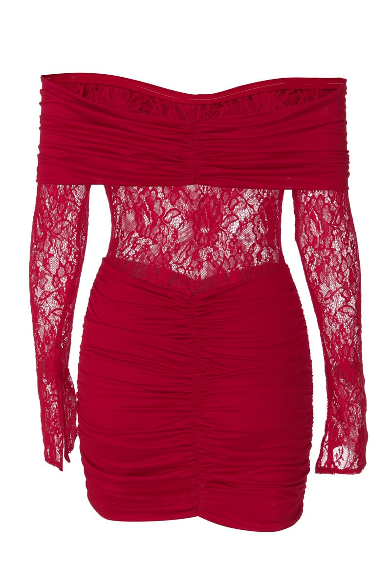 Red Lace Long Sleeves Ruched Tight Dress