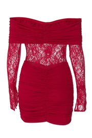 Red Lace Long Sleeves Ruched Tight Dress