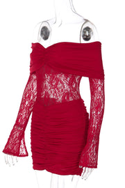 Red Lace Long Sleeves Ruched Tight Dress