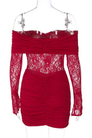 Red Lace Long Sleeves Ruched Tight Dress