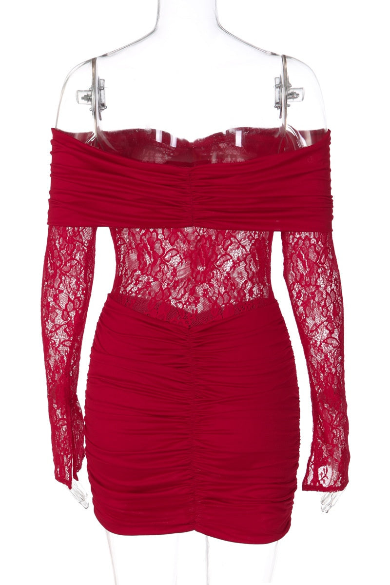 Red Lace Long Sleeves Ruched Tight Dress