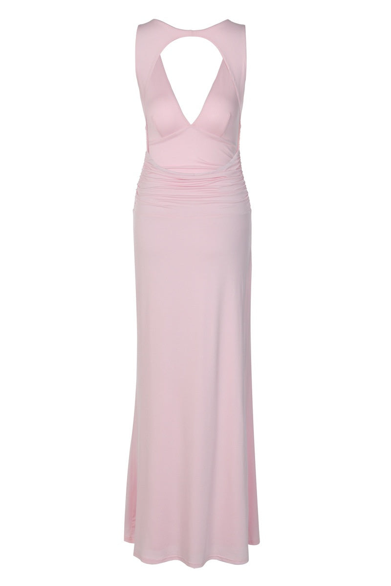 Backless Pink V neck Fitted Long Dress