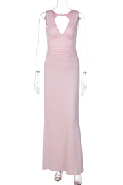 Backless Pink V neck Fitted Long Dress