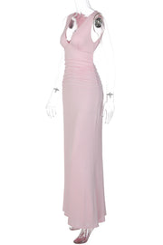 Backless Pink V neck Fitted Long Dress