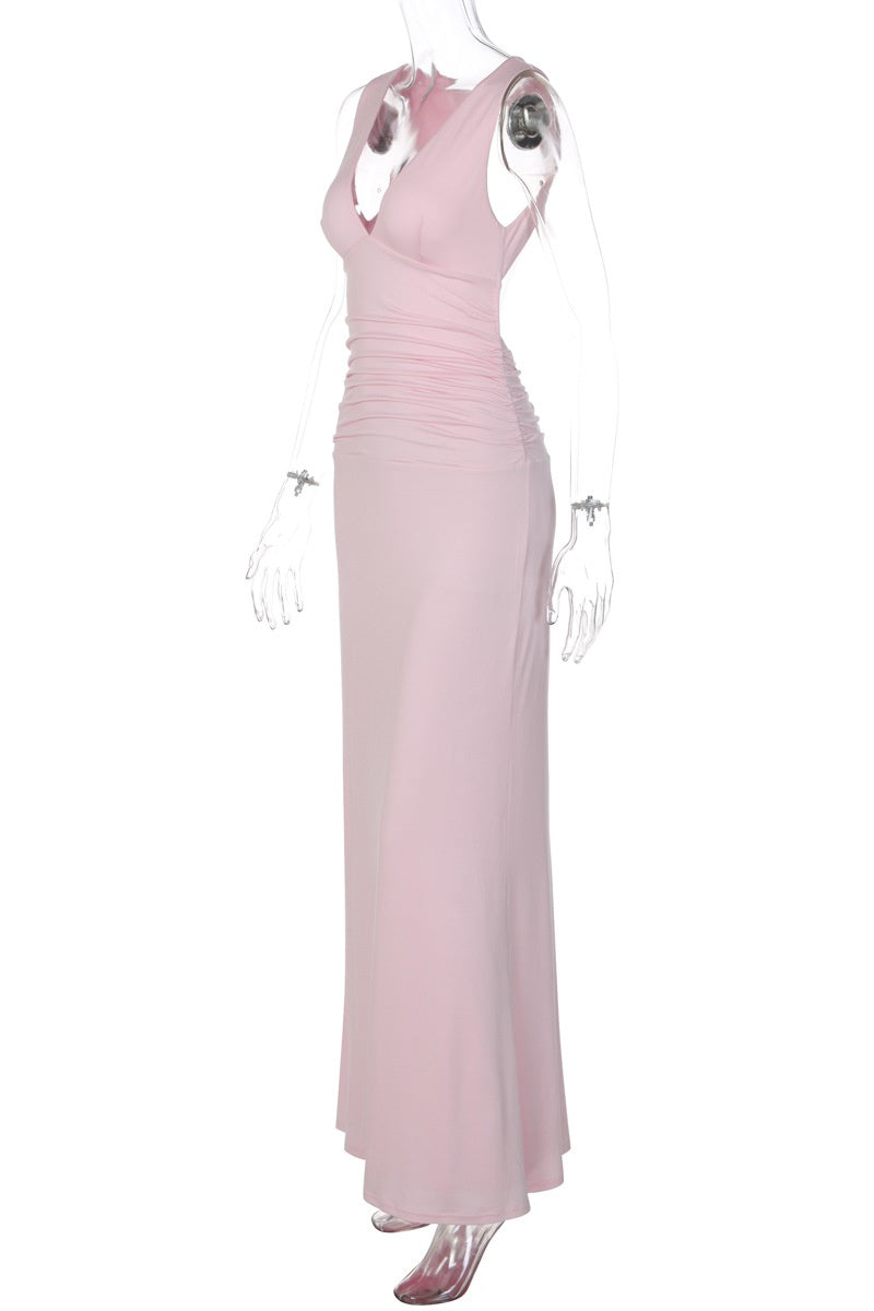 Backless Pink V neck Fitted Long Dress