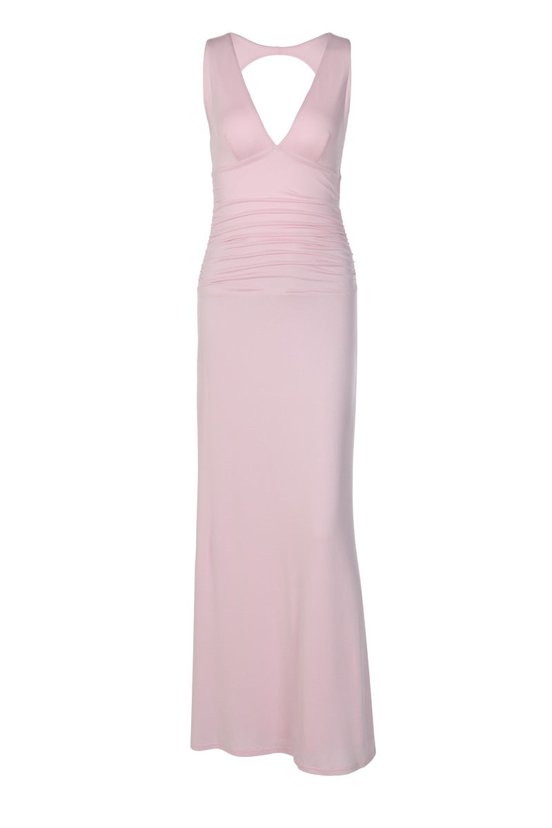 Backless Pink V neck Fitted Long Dress
