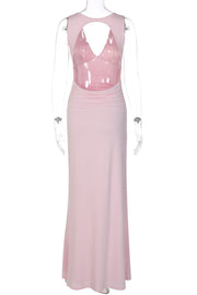 Backless Pink V neck Fitted Long Dress