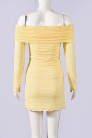 Long Sleeves Yellow Ruched Tight Short Dress