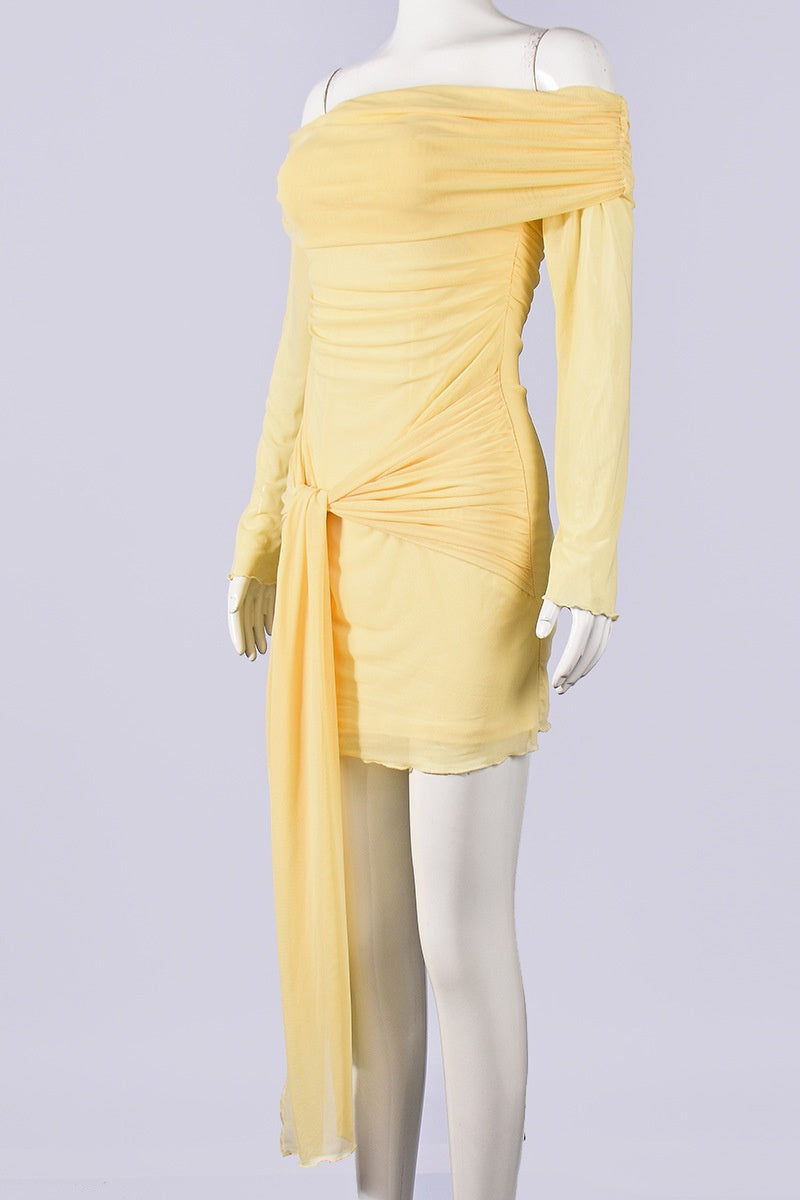 Long Sleeves Yellow Ruched Tight Short Dress
