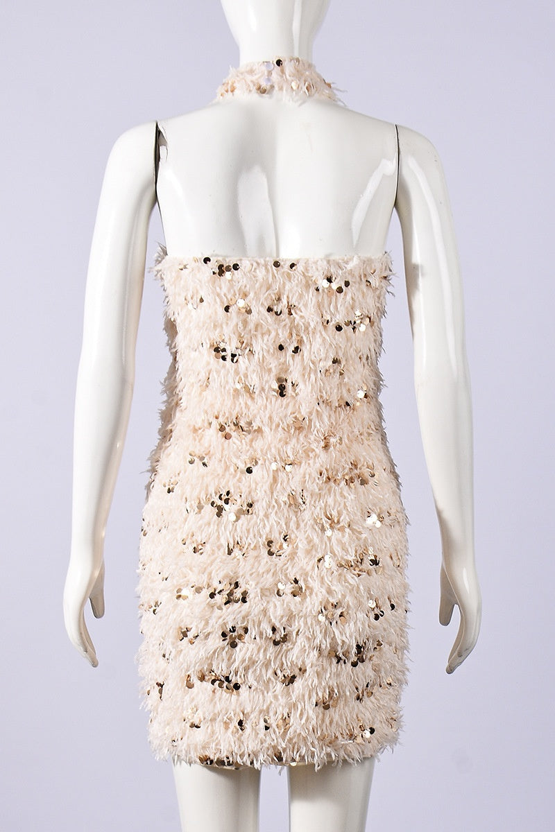 Apricot Halter Velvet Tight Mini Dress