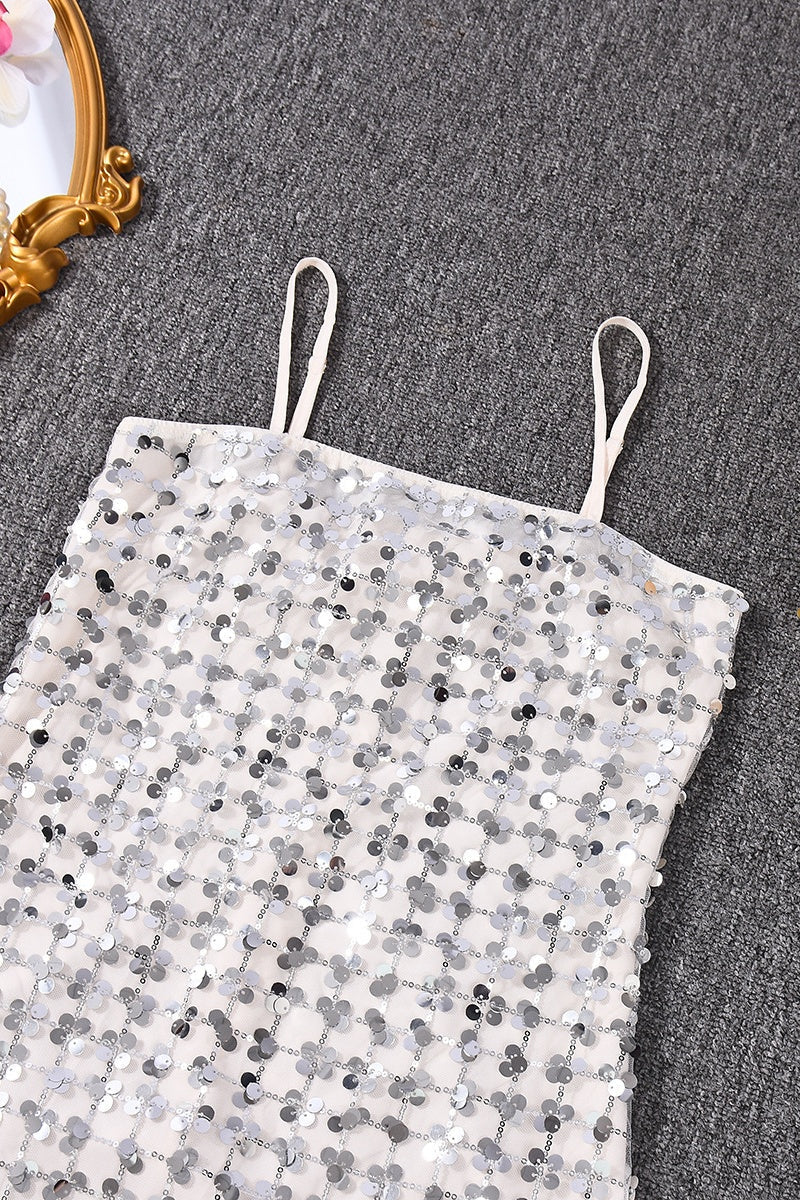 Silver Sequin Straps A-line Short Dress
