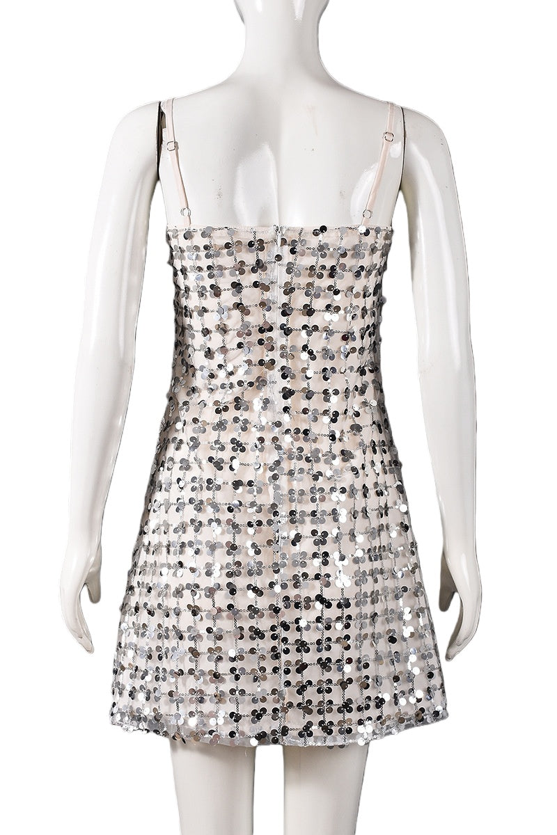 Silver Sequin Straps A-line Short Dress