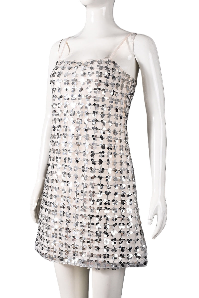 Silver Sequin Straps A-line Short Dress