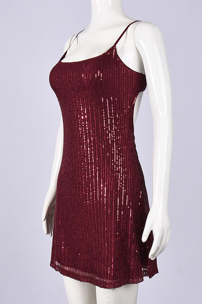 Straps Burgundy Sequin A-line Short Dress