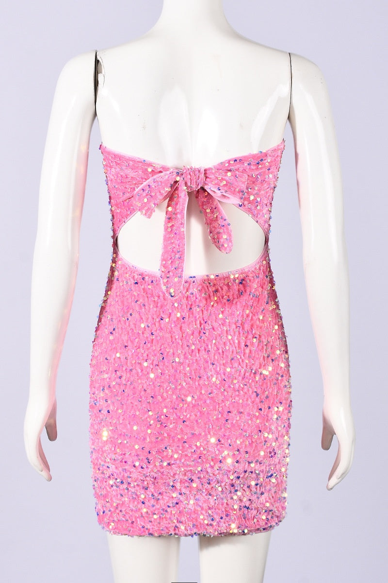 Strapless Pink Sequin Fitted Short Dress