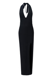 Halter Black Plunge Fitted Slit Dress