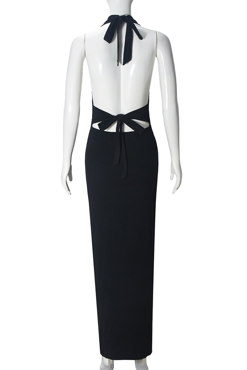 Halter Black Plunge Fitted Slit Dress
