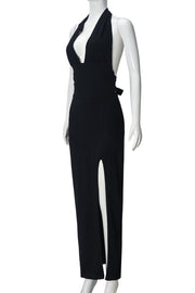 Halter Black Plunge Fitted Slit Dress