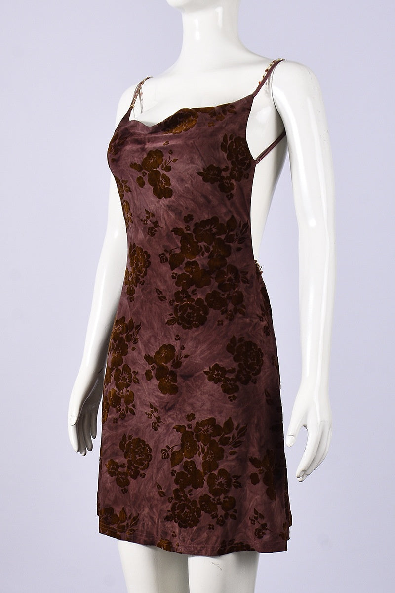 Maroon Floral Cowl Neck Short Dress