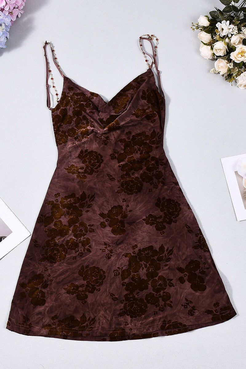 Maroon Floral Cowl Neck Short Dress
