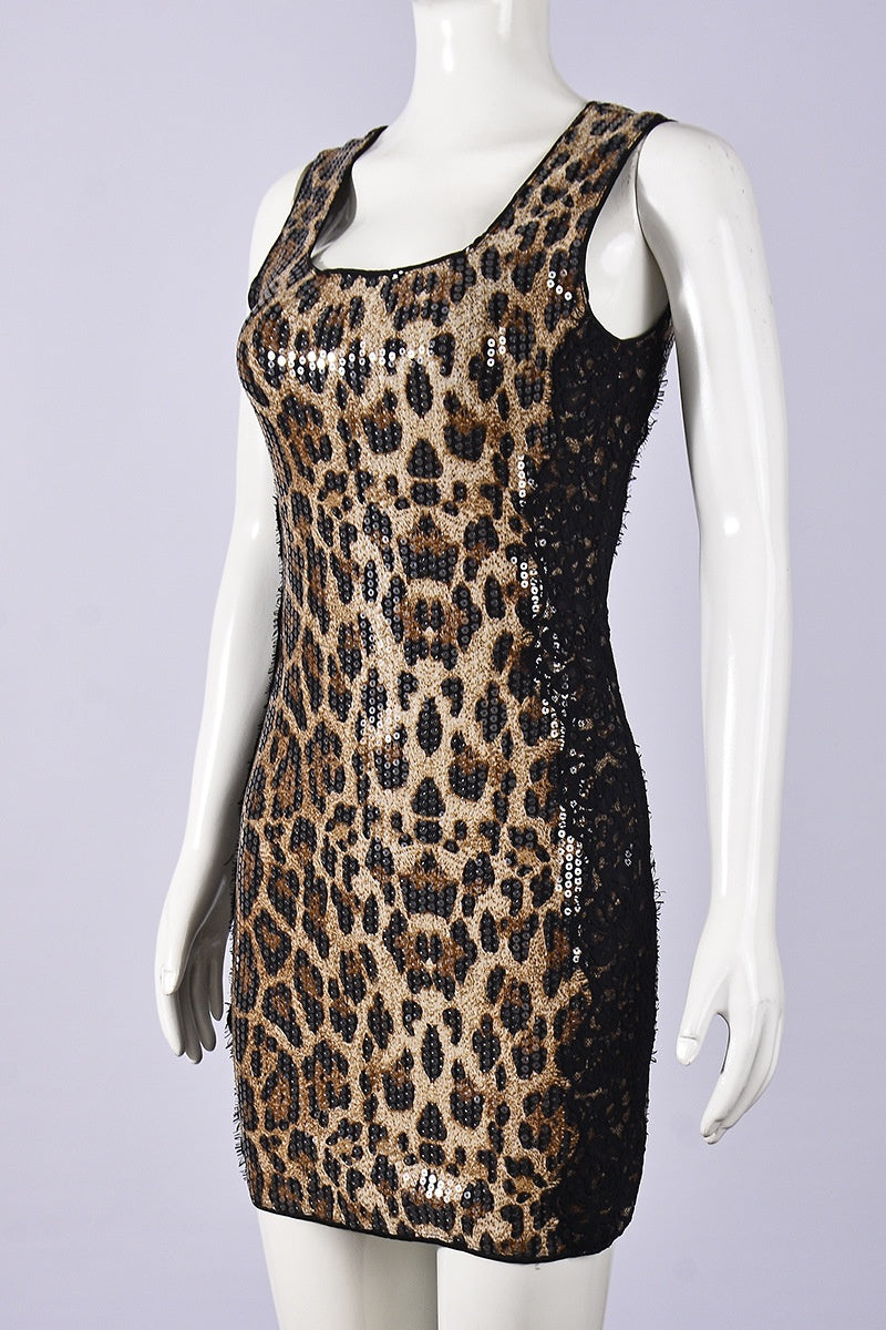 Leopard Sequin Scoop Tight Short Dress