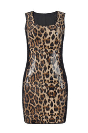 Leopard Sequin Scoop Tight Short Dress