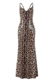 Leopard Sequin Cowl Neck Fitted Long Dress