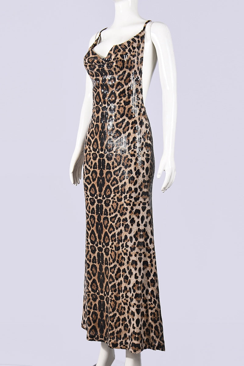 Leopard Sequin Cowl Neck Fitted Long Dress