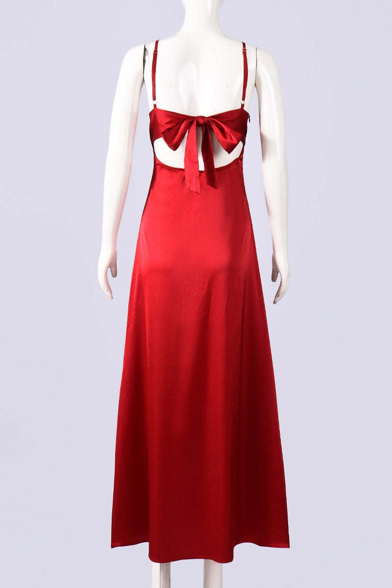 Plunge Red Straps Tie A-line Maxi Dress