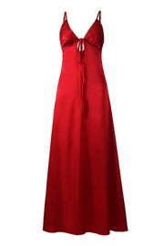 Plunge Red Straps Tie A-line Maxi Dress