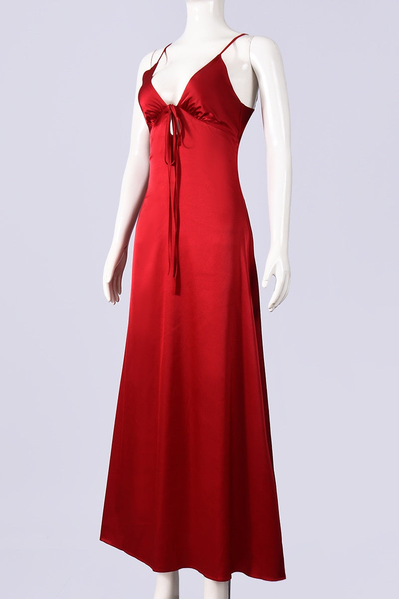 Plunge Red Straps Tie A-line Maxi Dress