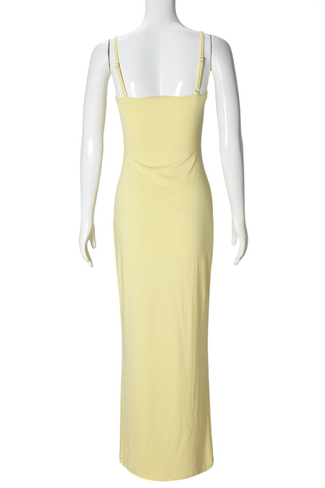 Yellow Simple Straps Fitted Long Dress