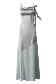 Misty Blue Staps Satin Fitted Long Dress
