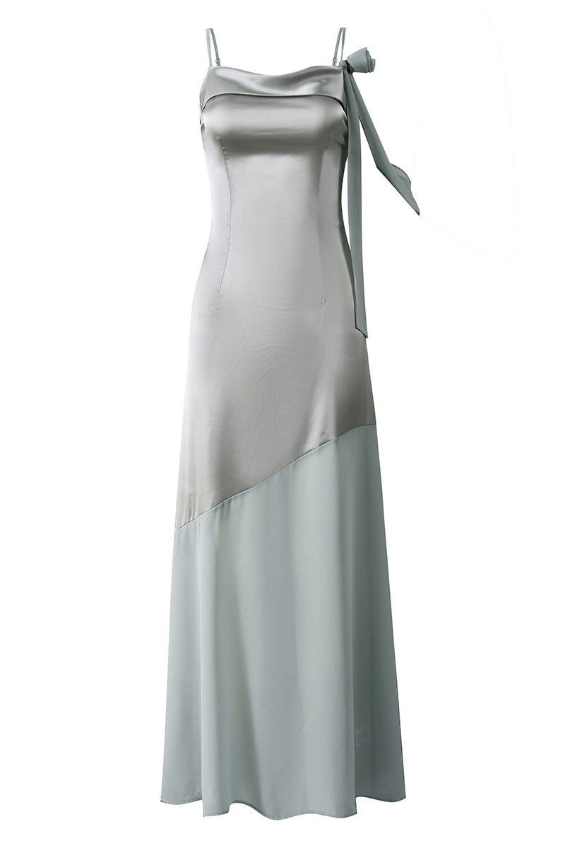 Misty Blue Staps Satin Fitted Long Dress