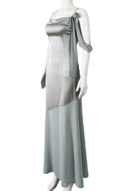 Misty Blue Staps Satin Fitted Long Dress