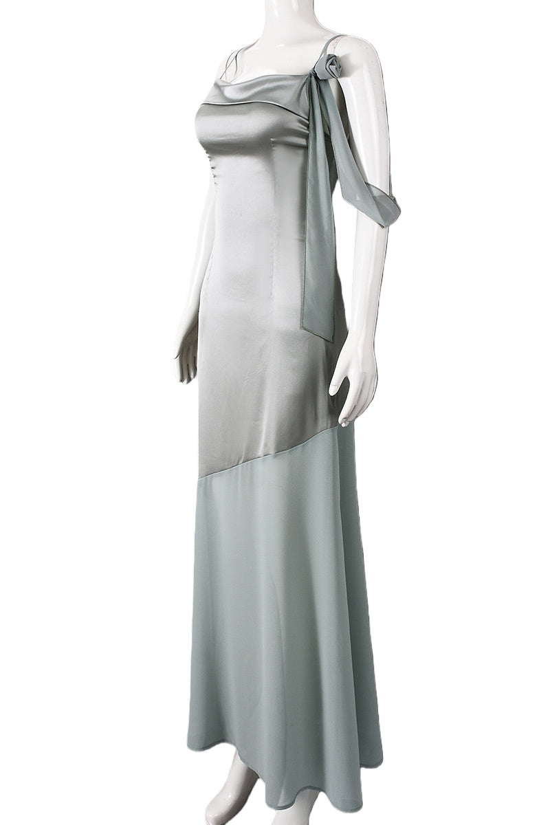 Misty Blue Staps Satin Fitted Long Dress