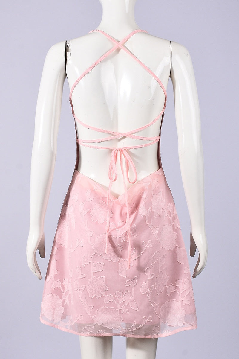 Pink Spaghetti Straps Printed Mini Dress