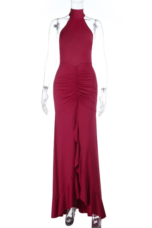 Burgubdy Halter Tie Long Mermaid Dress