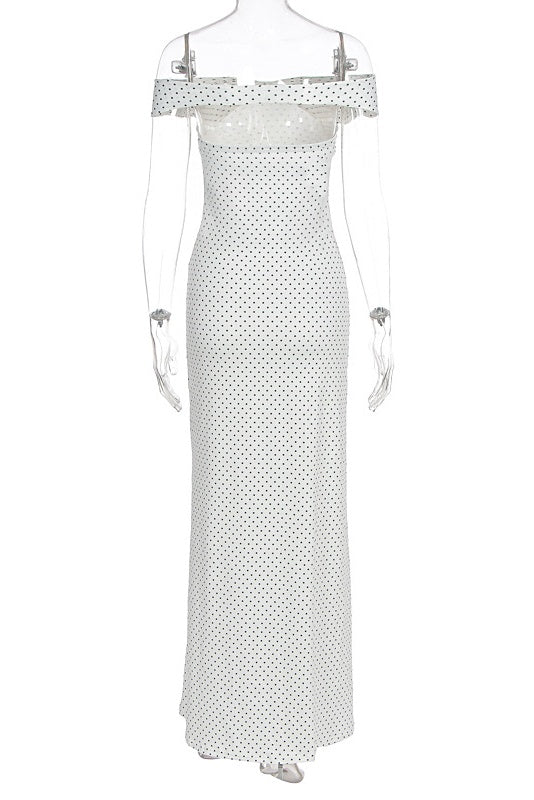 White Off-shoulder Polka Dot Long Dress