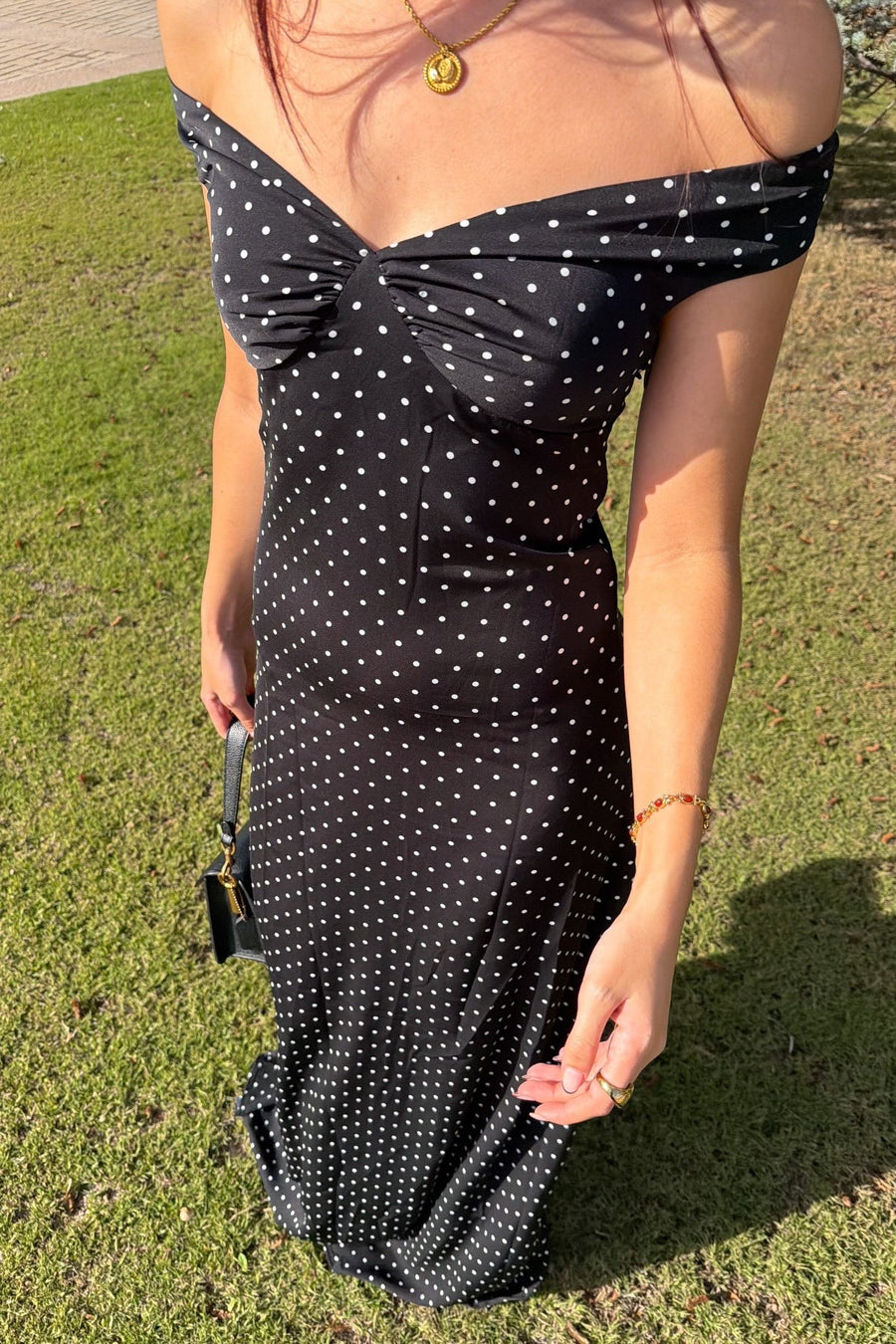 White Off-shoulder Polka Dot Long Dress