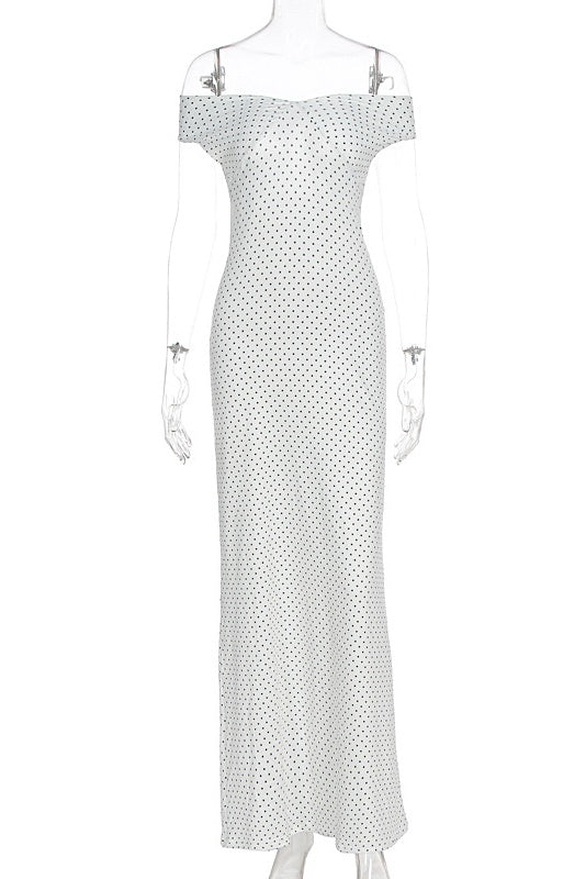 White Off-shoulder Polka Dot Long Dress