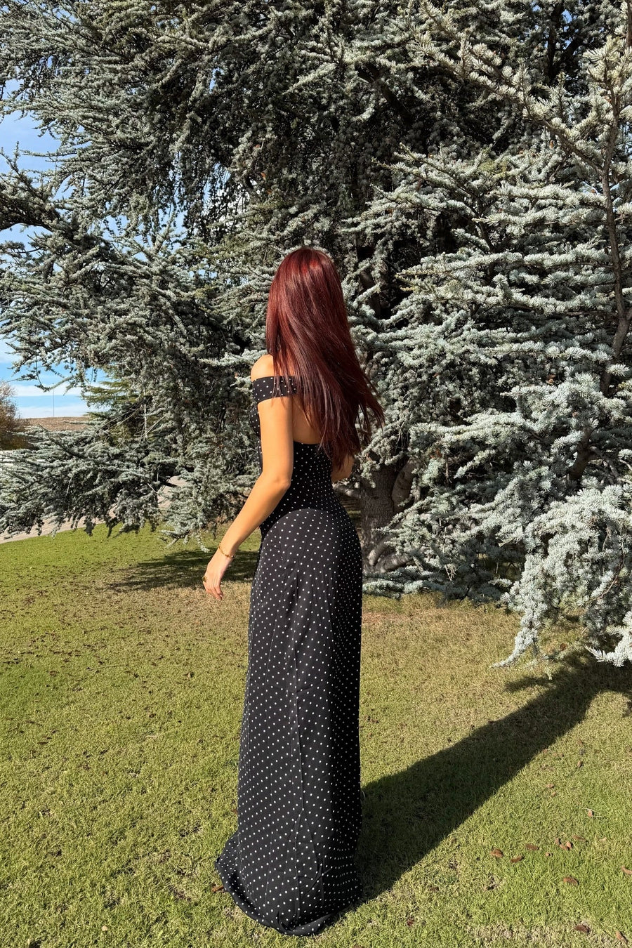 White Off-shoulder Polka Dot Long Dress