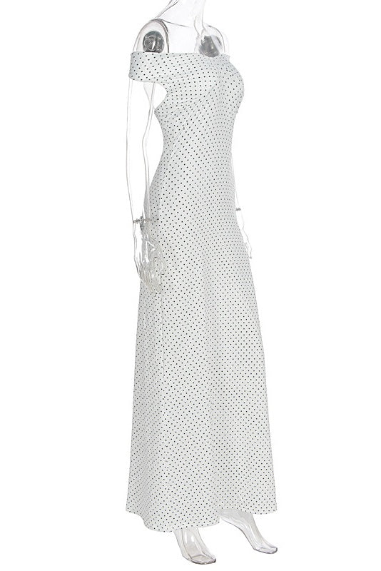 White Off-shoulder Polka Dot Long Dress