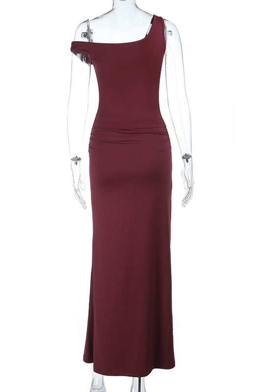 Two Piece Burgundy One Shoulder Fitted Dress