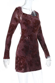 Burgundy Long Sleeves Floral Tight Short Dress