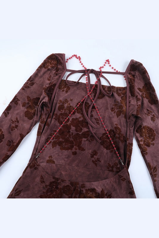 Burgundy Long Sleeves Floral Tight Short Dress