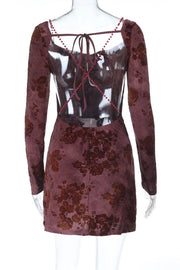Burgundy Long Sleeves Floral Tight Short Dress