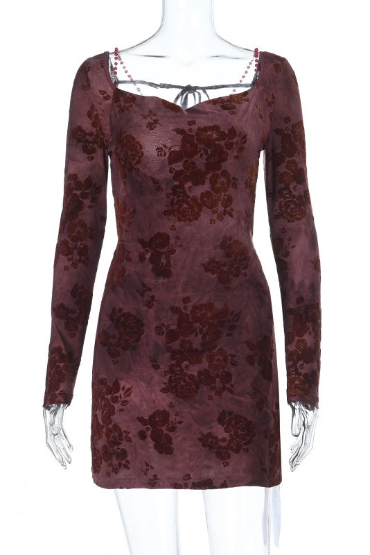 Burgundy Long Sleeves Floral Tight Short Dress