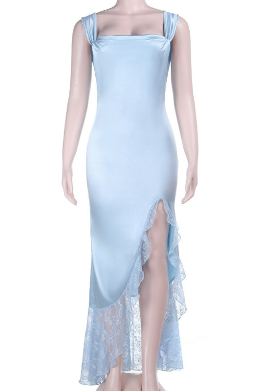 Light Blue Soft Satin Fitted Slit Dress